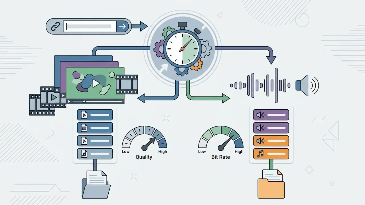 System processing a URL to convert media into various video and audio formats with quality adjustments