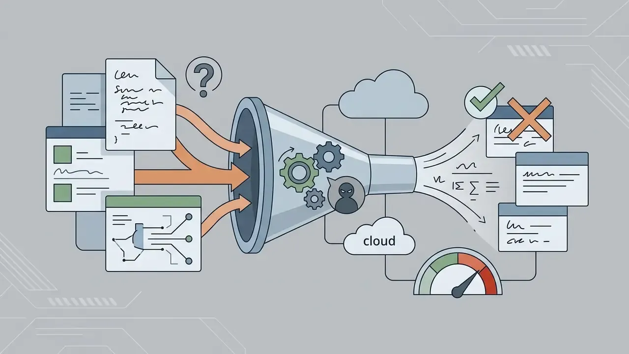 Documents and code flowing through a funnel with gears into cloud storage and output windows