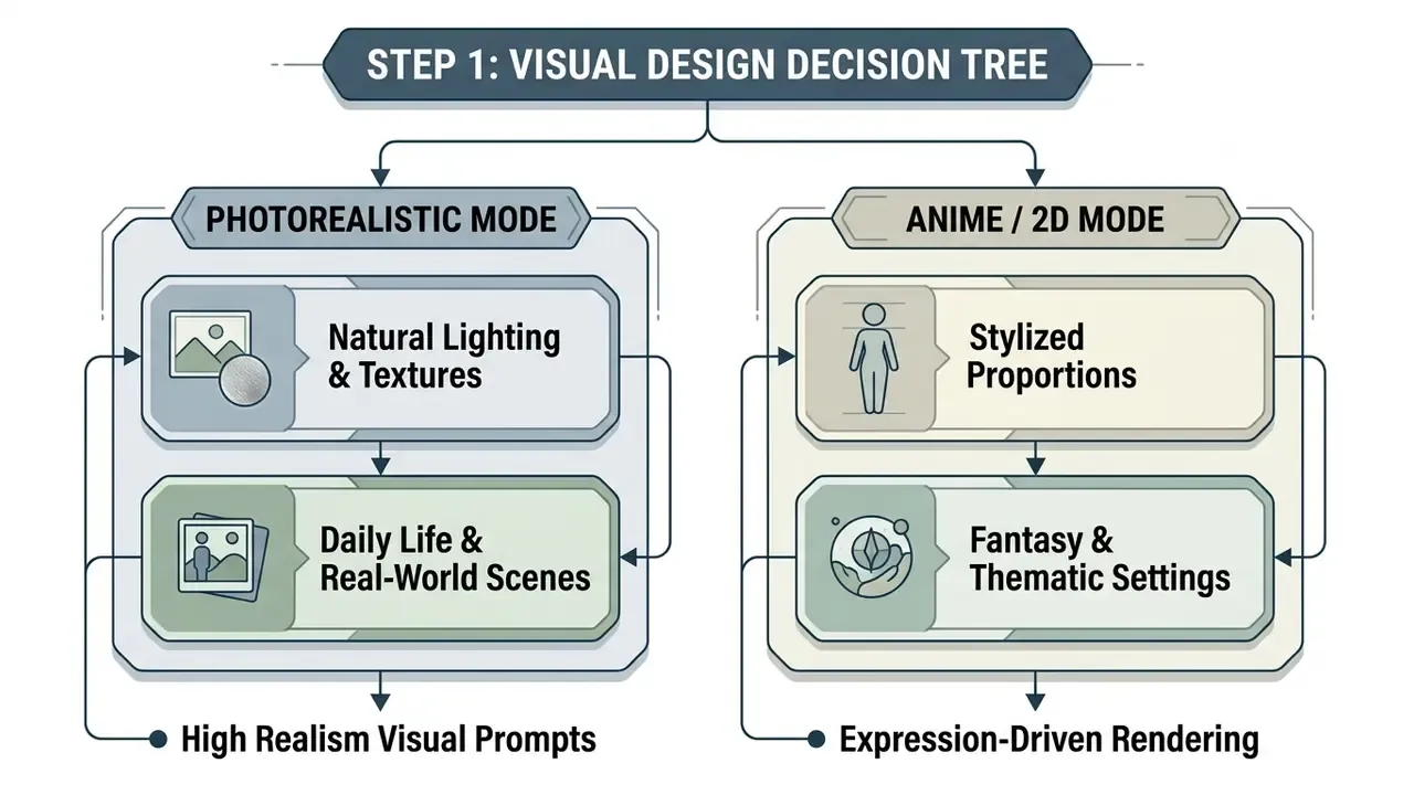 Decision tree comparing photorealistic and anime style options to create your AI girlfriend
