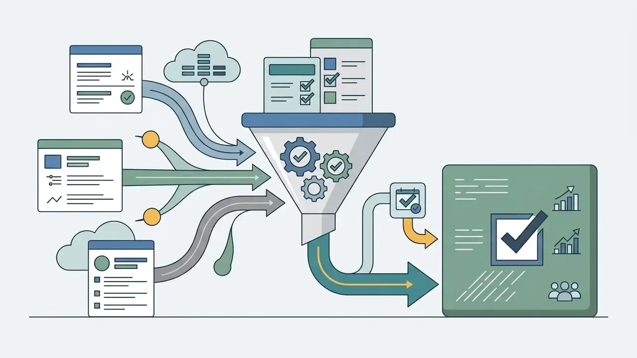 Multiple data sources feeding into a central funnel with gears that output to a final dashboard