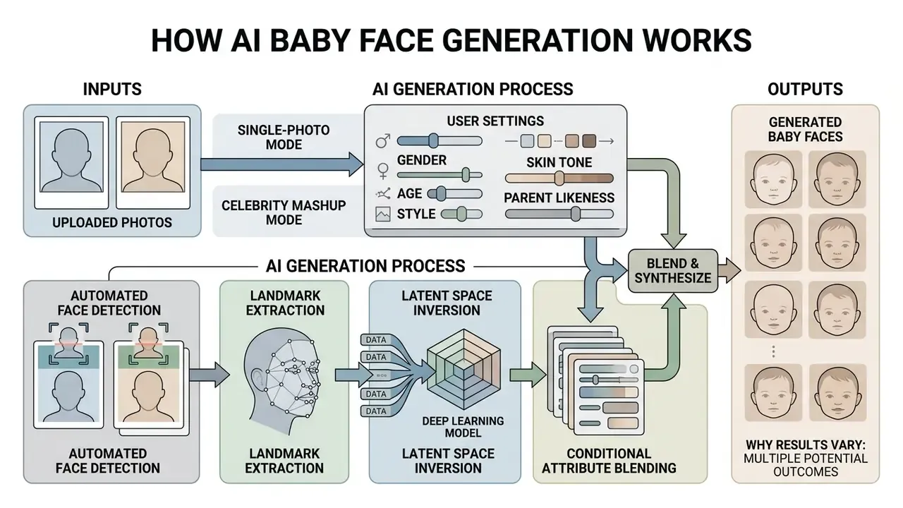 Flowchart detailing the steps from photo input and user settings to latent space processing and baby output