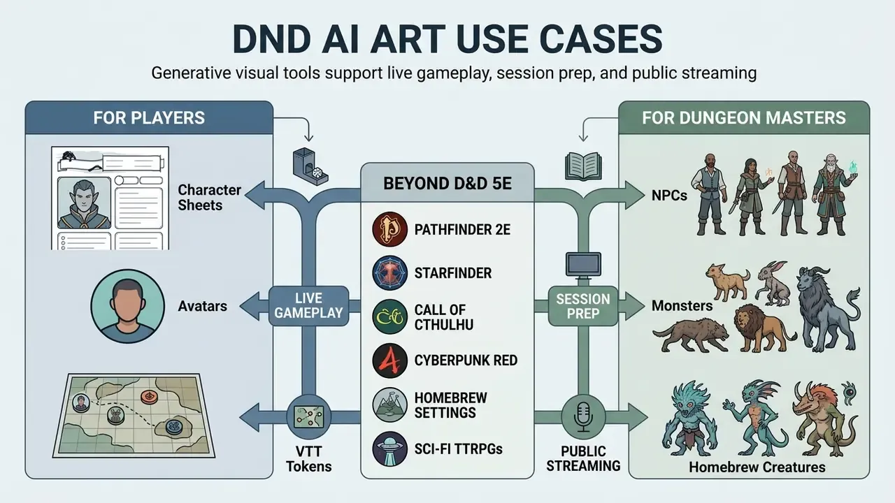 Infographic mapping role-playing game assets for players and dungeon masters across various systems