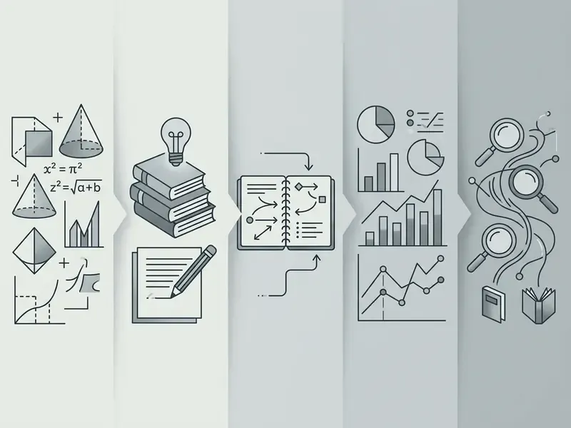 Linear diagram showing icons for math, homework, notes, data analysis, and research tasks