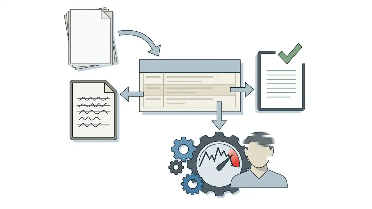 Draft documents feeding into a central table that connects to a checked file and a gear-driven gauge