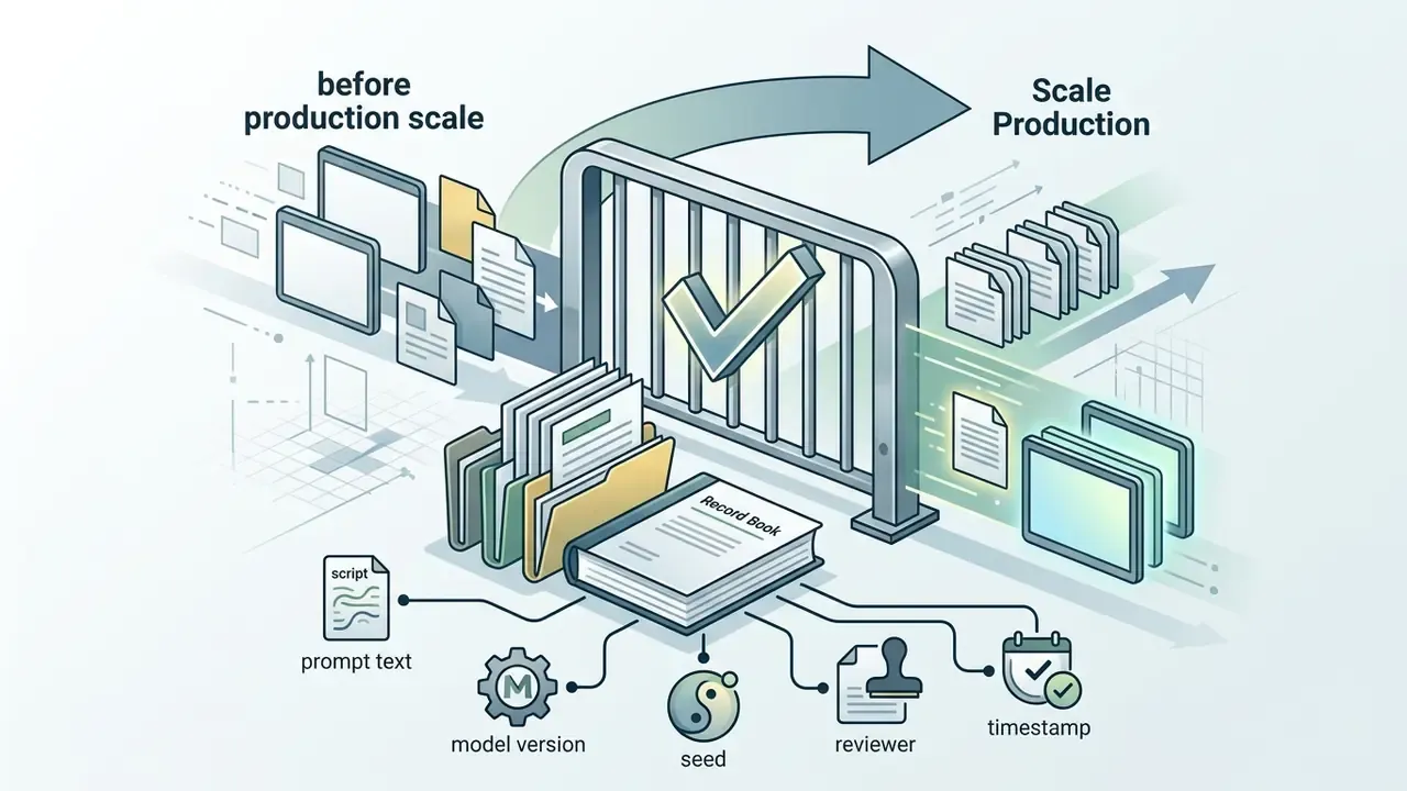 Files and a record book passing through a gated checkpoint to transition from development to production