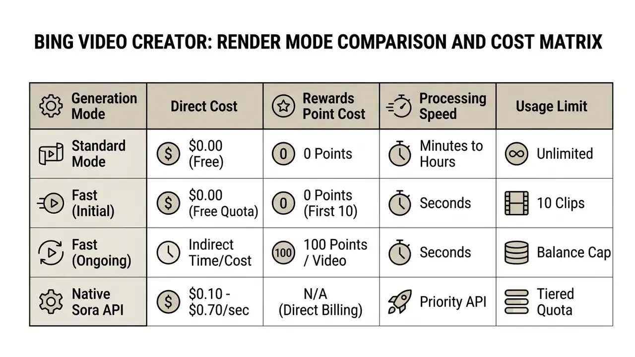 Table comparing generation modes by direct cost, rewards points, processing speed, and usage limits