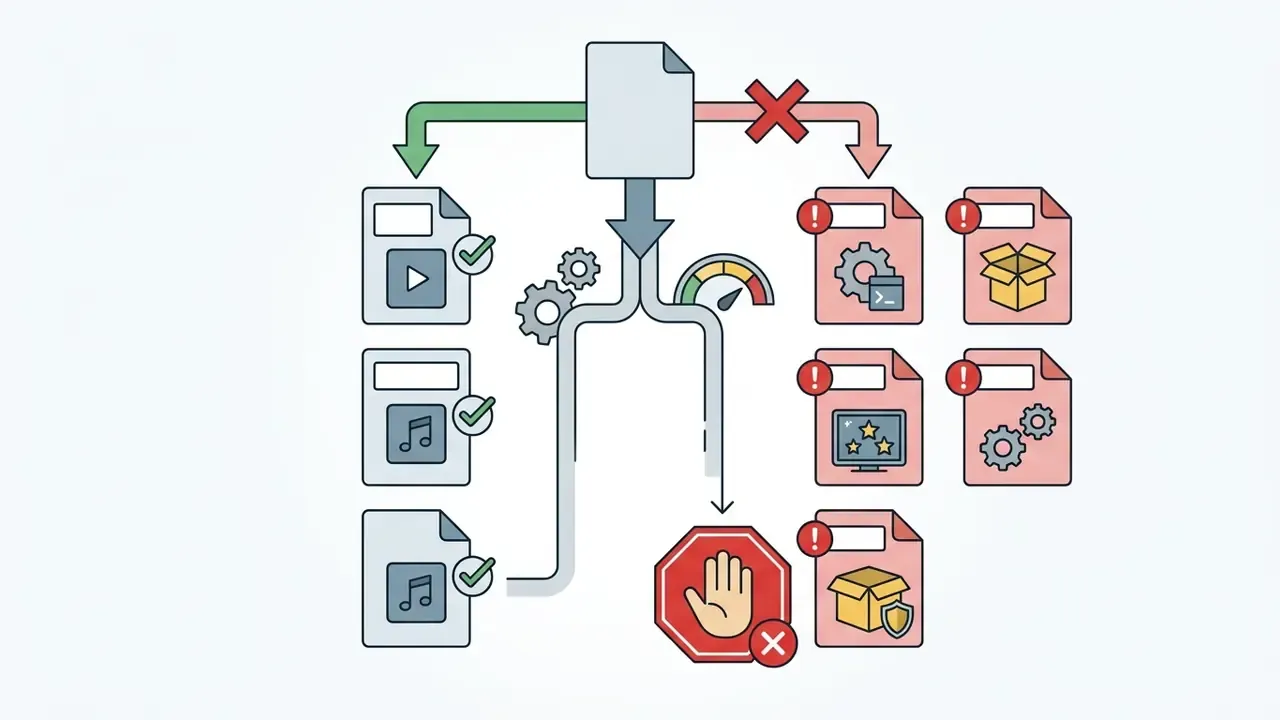 Visual guide distinguishing safe media file extensions from dangerous executable file formats