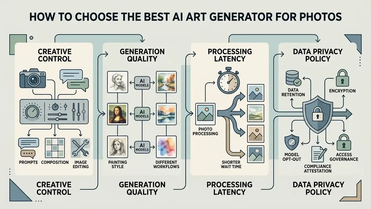 Four-part diagram outlining key factors for choosing an AI art generator for photos