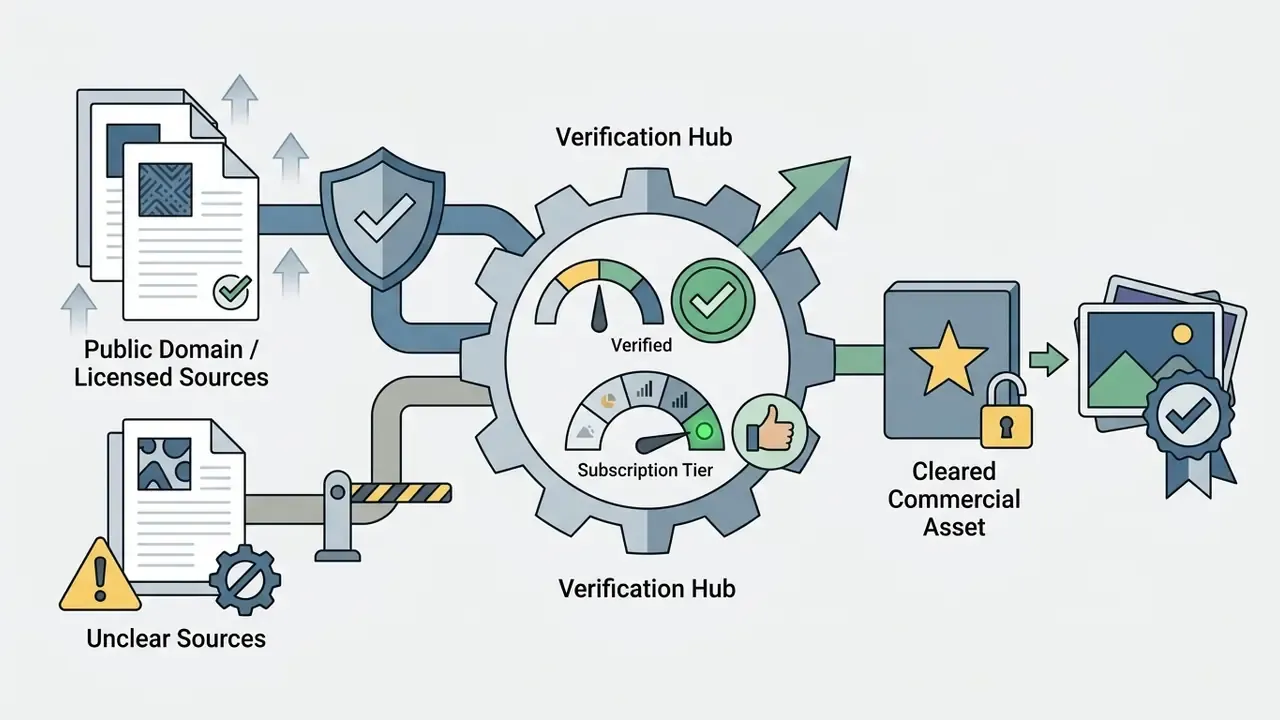 Data from licensed sources flowing through a gear-based verification hub to produce a commercial asset