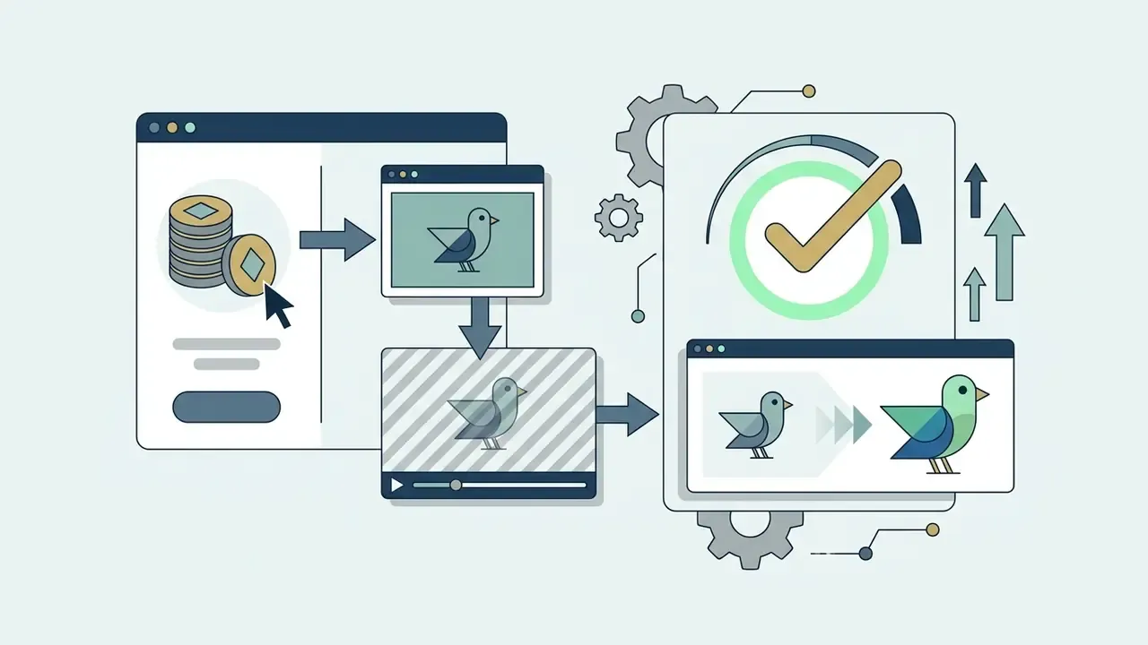 Diagram showing a digital workflow from selecting assets to processing and rendering animated bird graphics