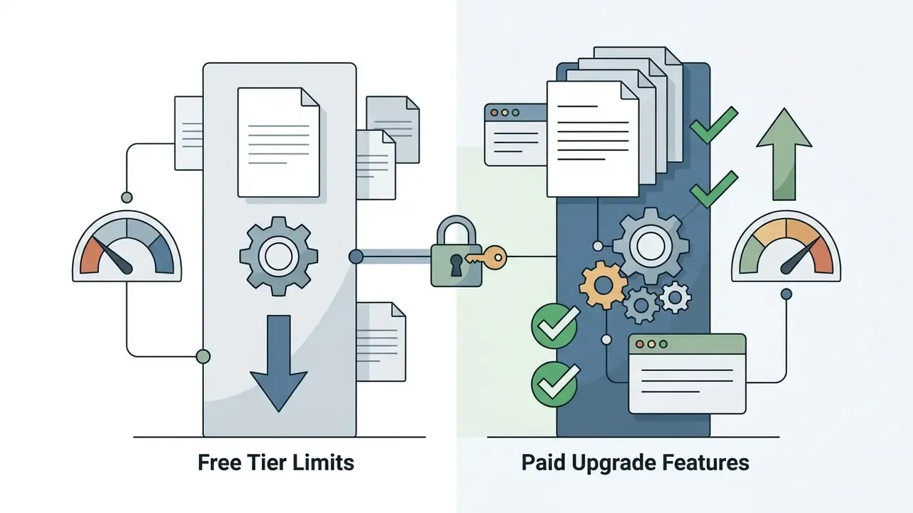 Split view showing a locked free tier with limited processing and an unlocked paid tier with extra tools
