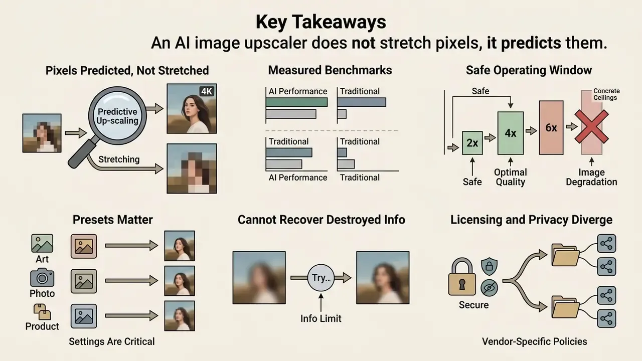 Infographic summarizing how an AI image upscaler uses prediction rather than stretching to enhance photos