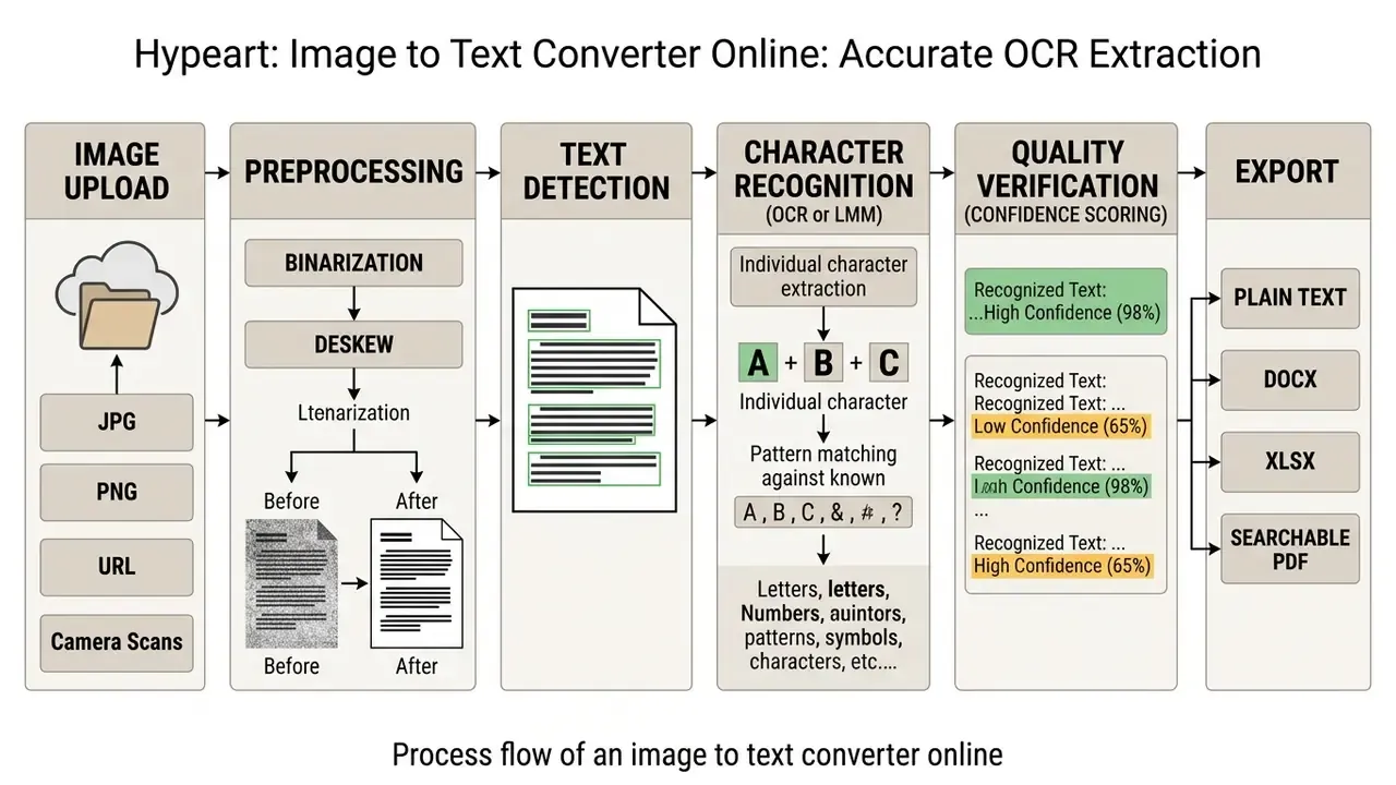 Flowchart showing the steps of an image to text conversion pipeline from upload to final file export
