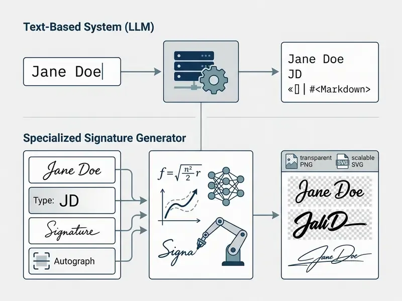Comparison diagram showing text-based LLM outputs versus a specialized AI signature generator workflow