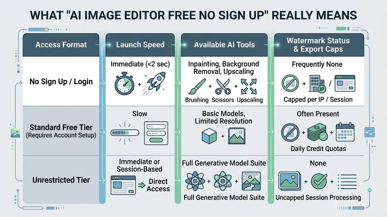 Comparison table showing launch speed, AI tools, and export limits for different editor access formats