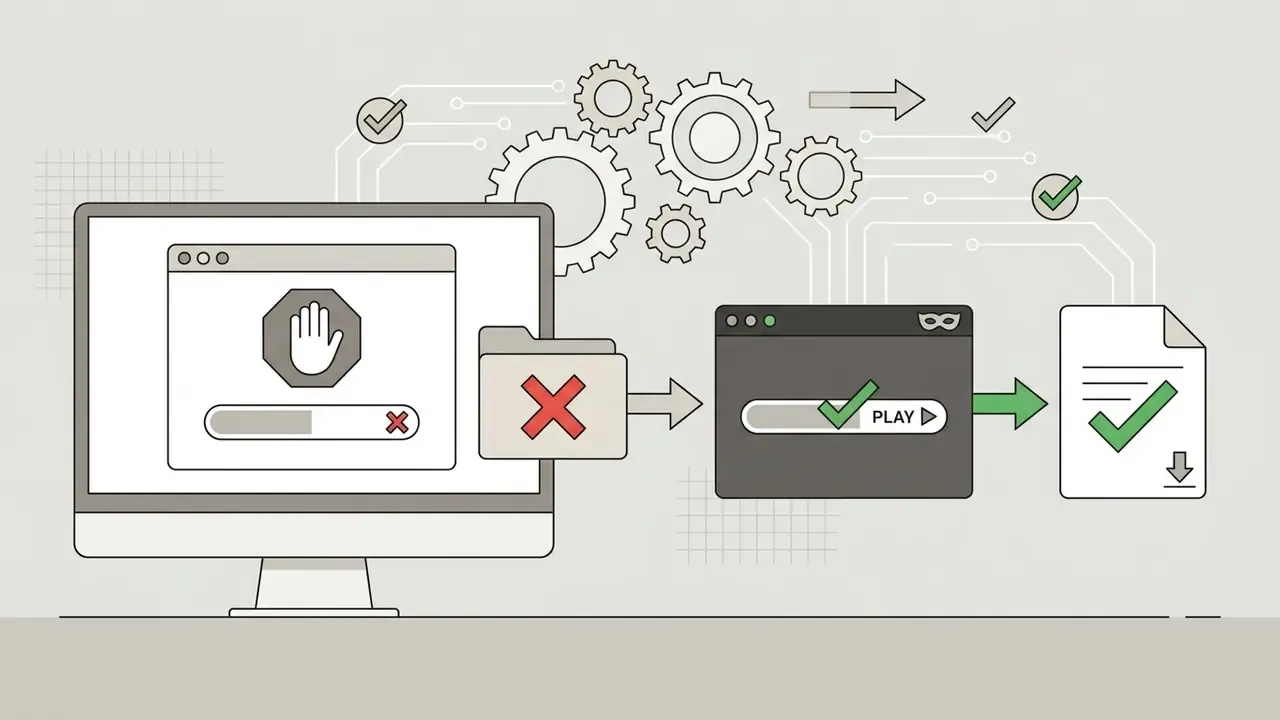 Blocked download process moving from a standard browser window to a successful incognito session