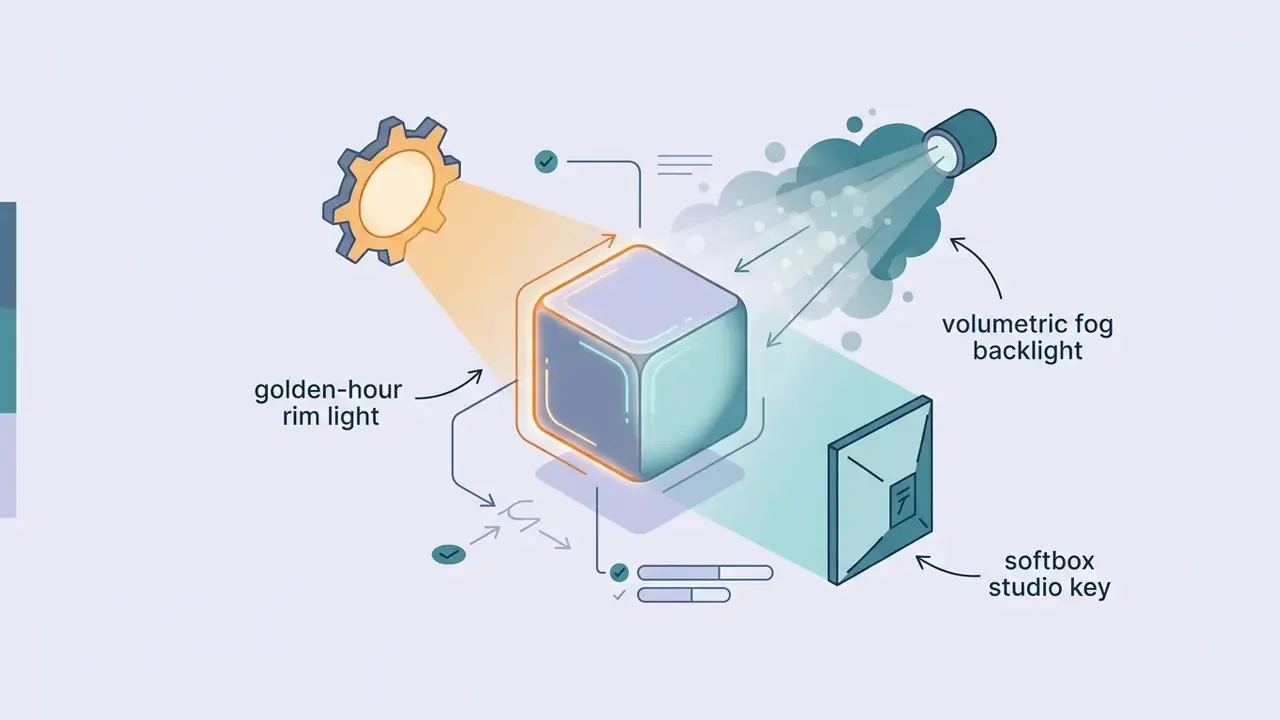 Isometric cube illuminated by a rim light, a softbox key light, and a volumetric fog backlight