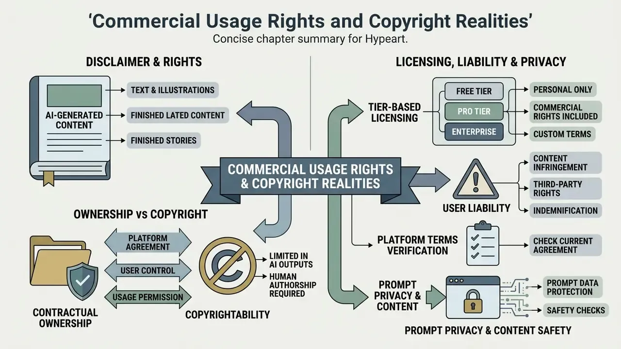 Diagram summarizing legal considerations for AI-generated content including licensing and user liability