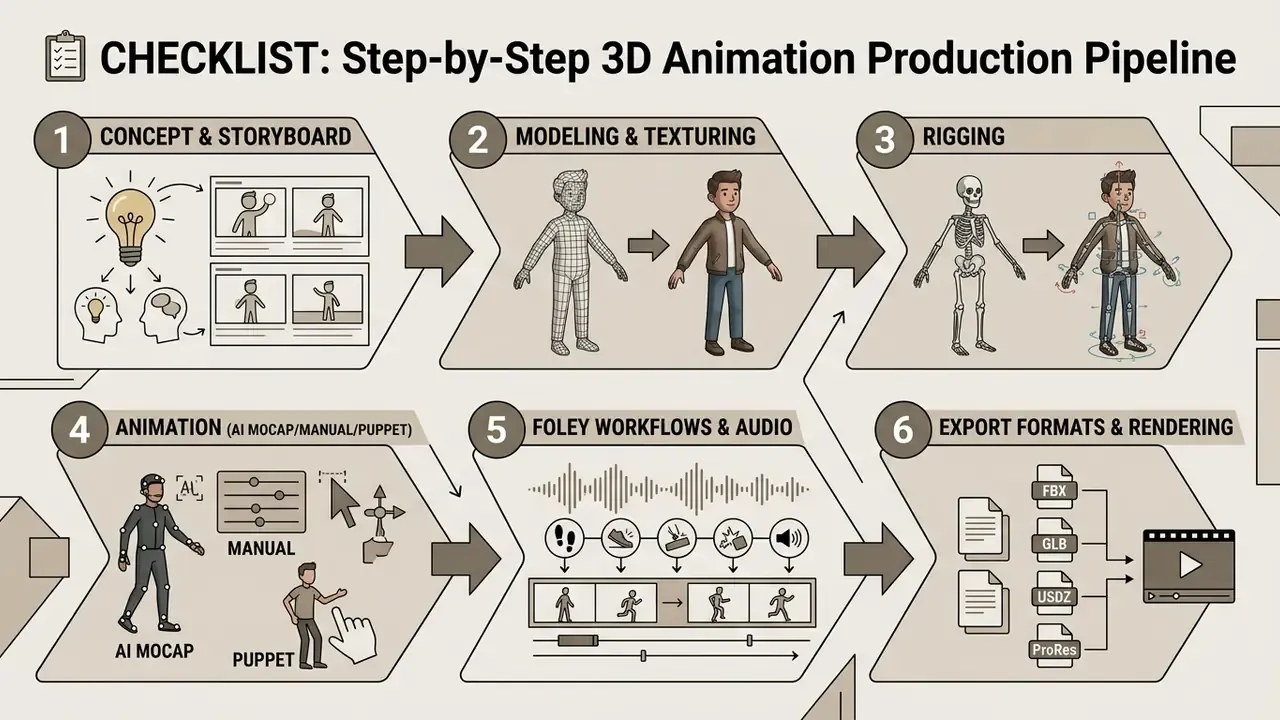 Six numbered steps outlining the workflow from initial storyboarding to final rendering and export