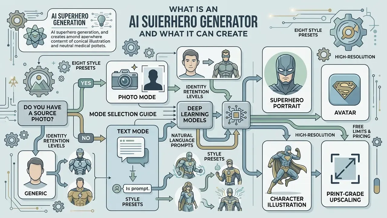 Flowchart showing how an AI superhero generator processes photos or text prompts into character art