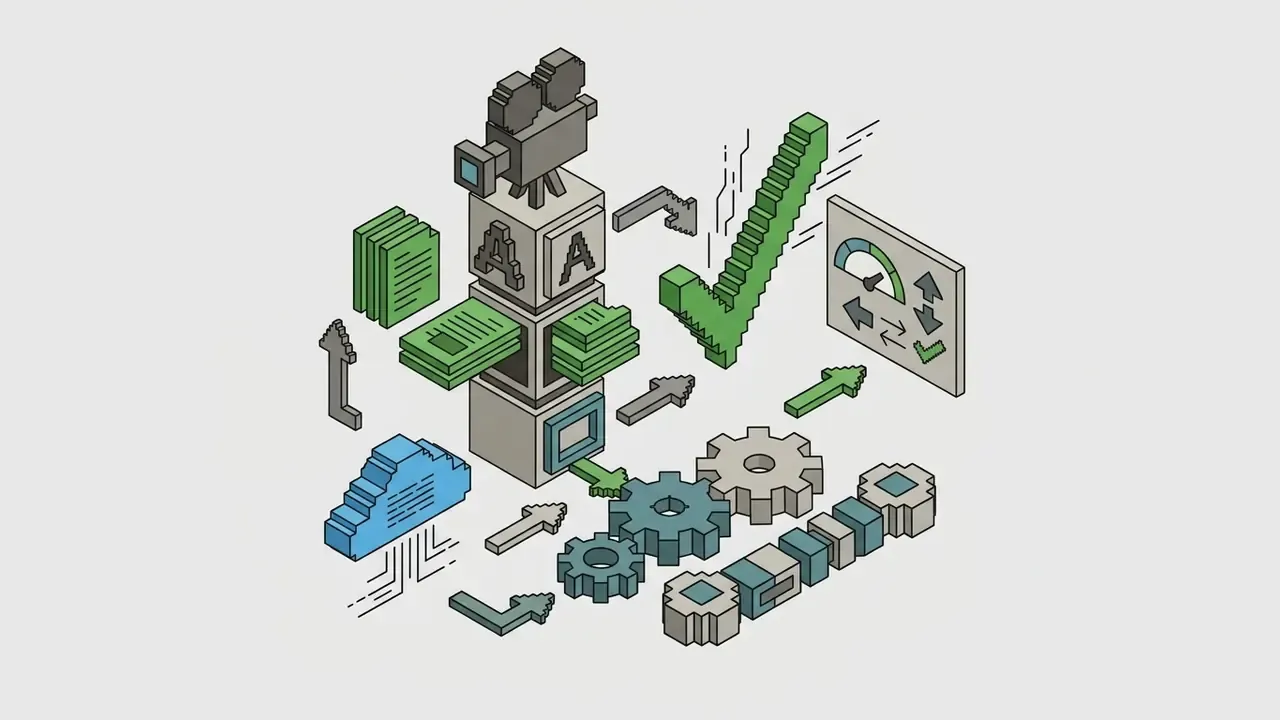 Isometric collection of voxel blocks, gears, and a camera icon representing a digital creative process