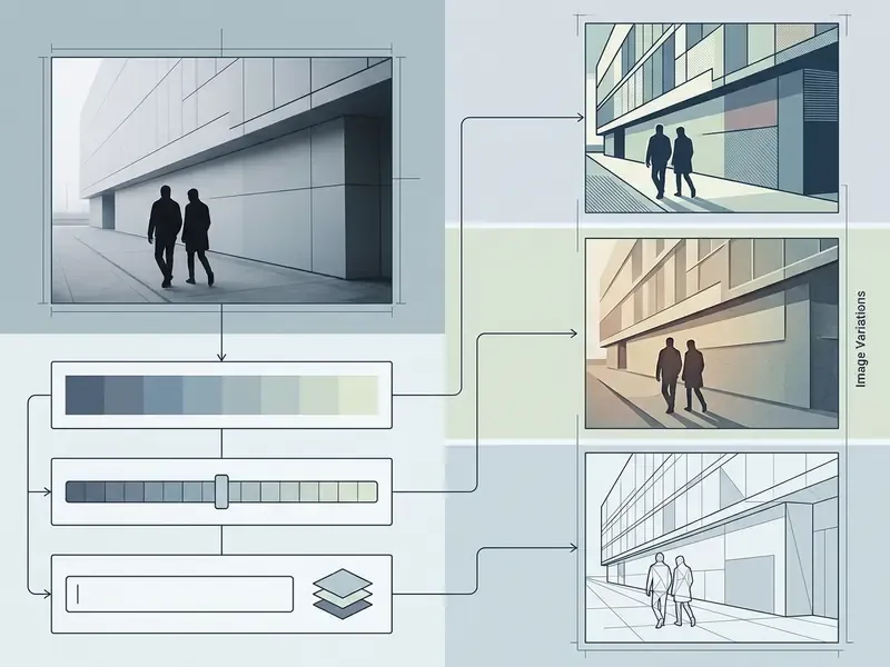 Diagram showing how a reference photo is transformed into stylized versions using color and style controls