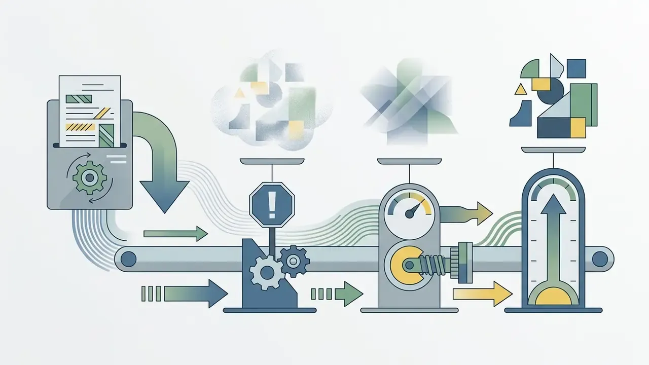 Document entering a processor and passing through gauges to refine abstract shapes into a final design