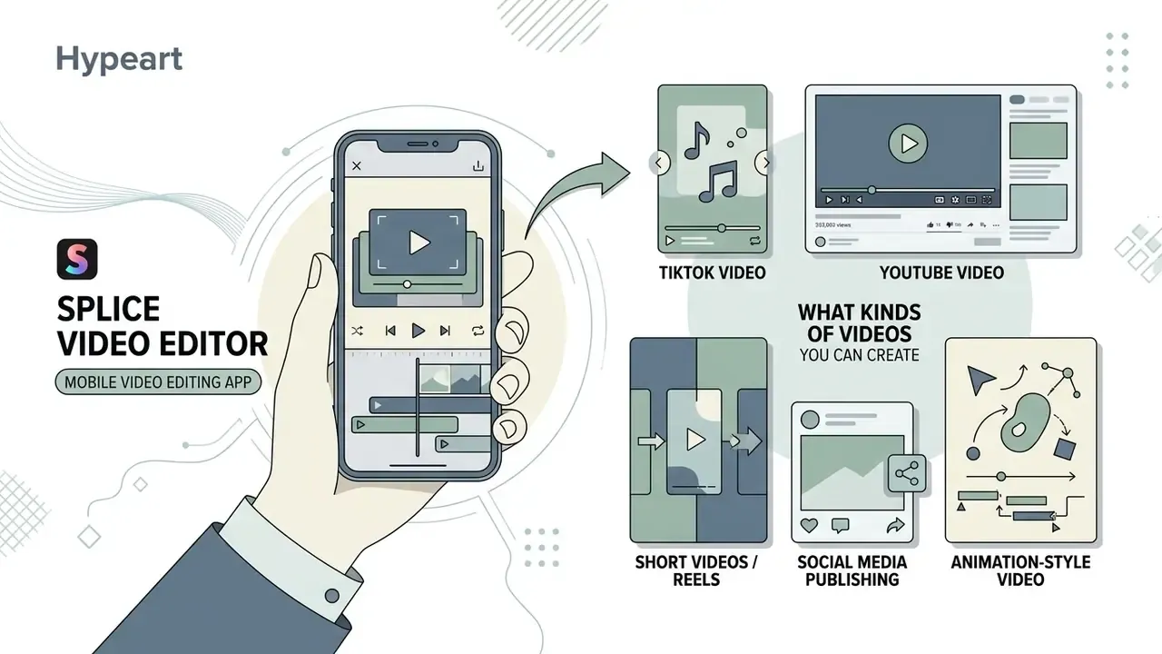 Hand holding a smartphone showing Splice video editor interface and various social media video formats