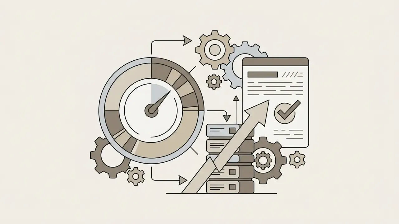 Speedometer gauge next to a document with a checkmark and a stack of server icons with rising arrows