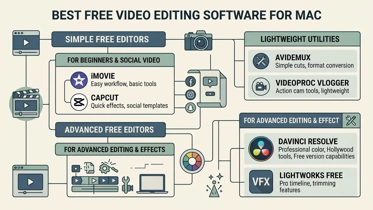 Flowchart categorizing free mac video editor options by complexity including beginner and pro tools