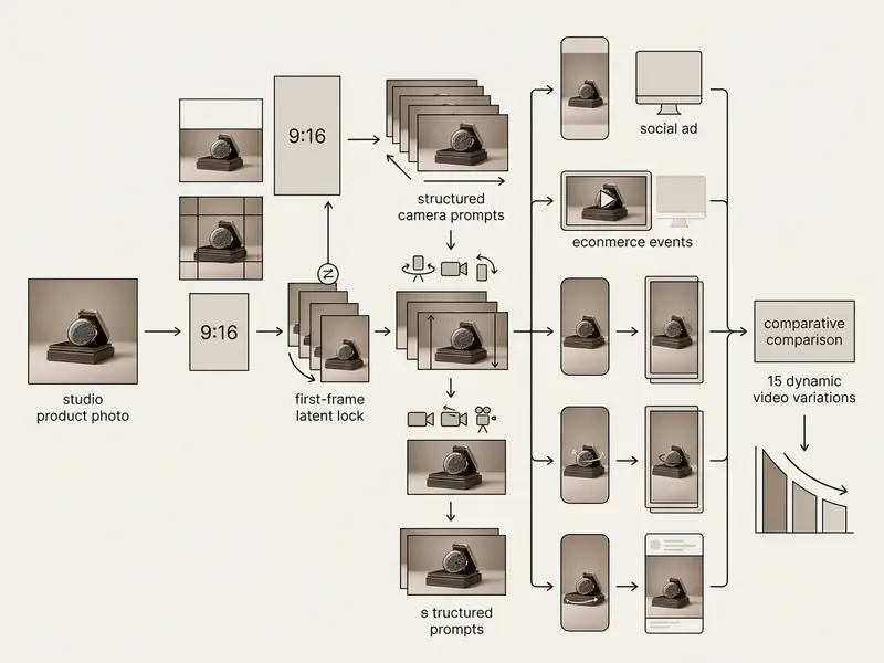 Workflow showing a studio product photo being cropped and animated into multiple video ad variations