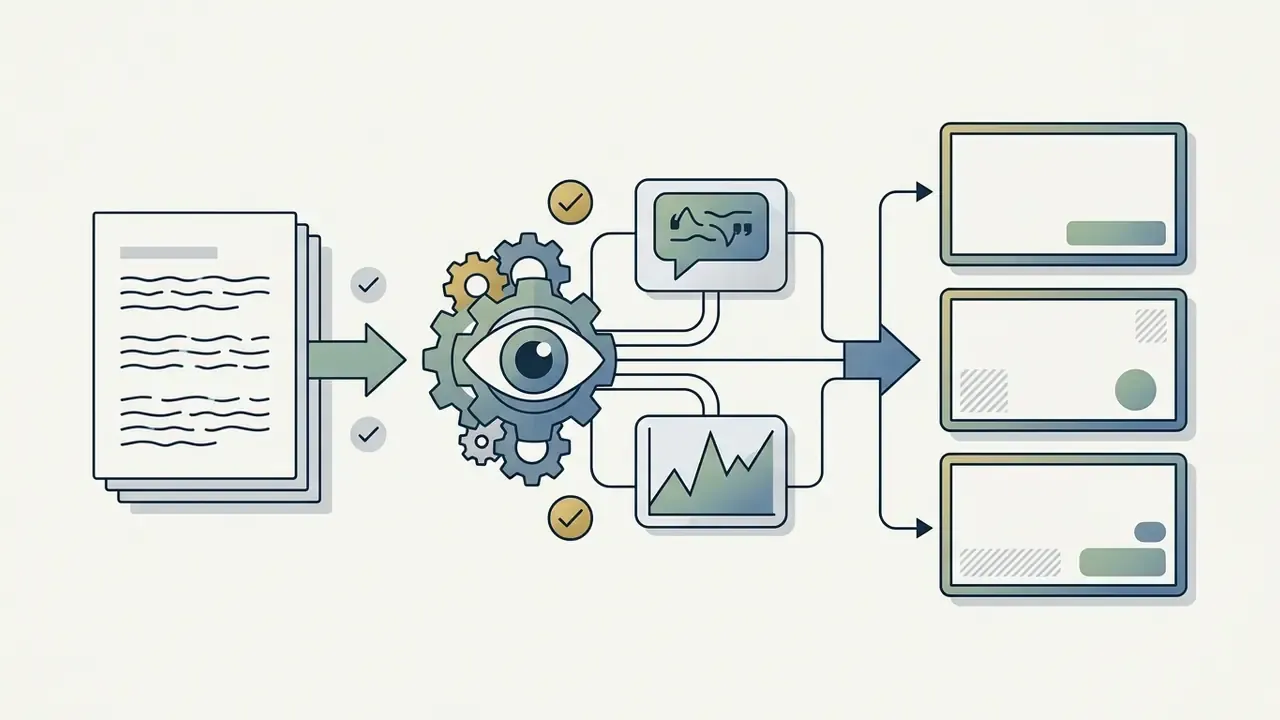Document stack feeding into a gear-driven eye mechanism that generates three distinct visual outputs
