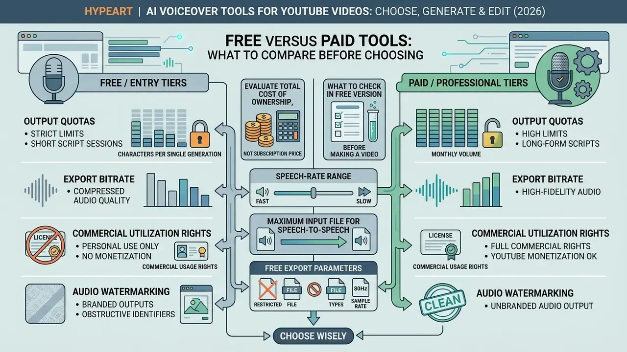 Comparison infographic detailing technical and licensing differences between free and paid AI voiceover tools