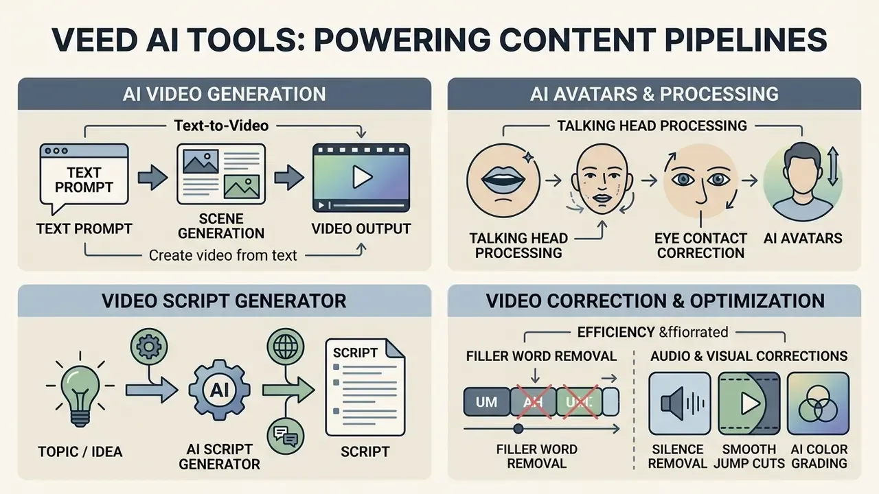 Diagram showing AI workflows for text-to-video generation, talking head processing, script writing, and editing