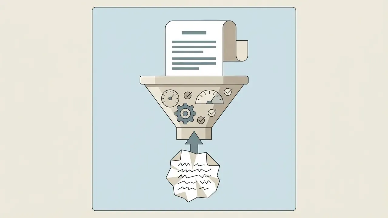 Crumpled paper entering a funnel filled with gears and gauges to emerge as a clean document