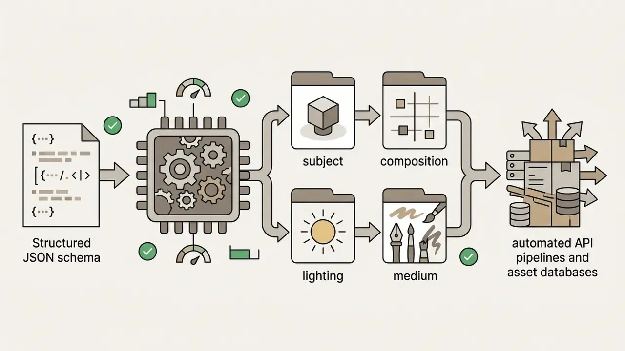 JSON file feeding into a central gear processor that categorizes visual data for automated API pipelines