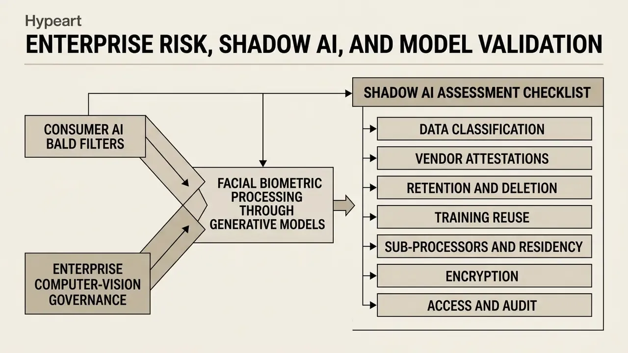 Flowchart connecting facial biometric processing to a shadow AI assessment checklist of governance factors