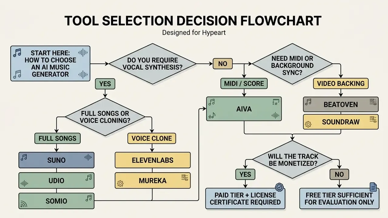 Decision path for selecting an AI music generator based on vocal needs, MIDI requirements, and monetization