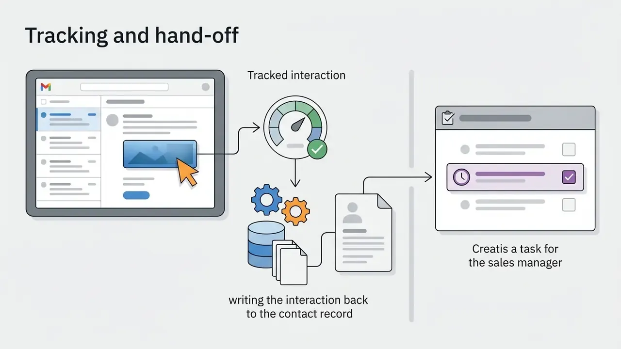 Email interaction tracking flowing through a gauge and database to update contact records and create tasks