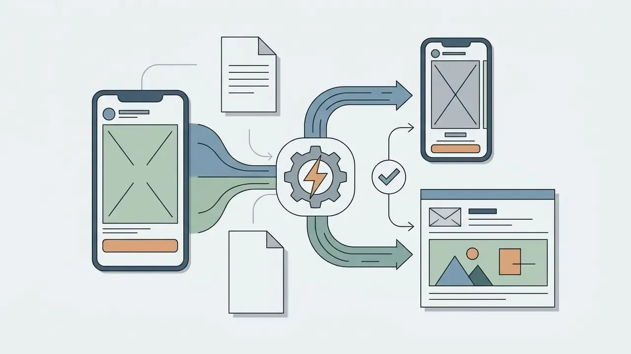 Smartphone and document icons feeding into a gear processor that outputs to mobile and email layouts