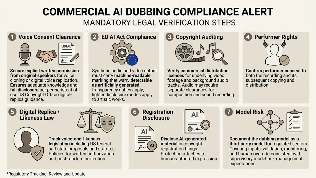Seven numbered steps for legal verification of commercial AI dubbing including consent and compliance