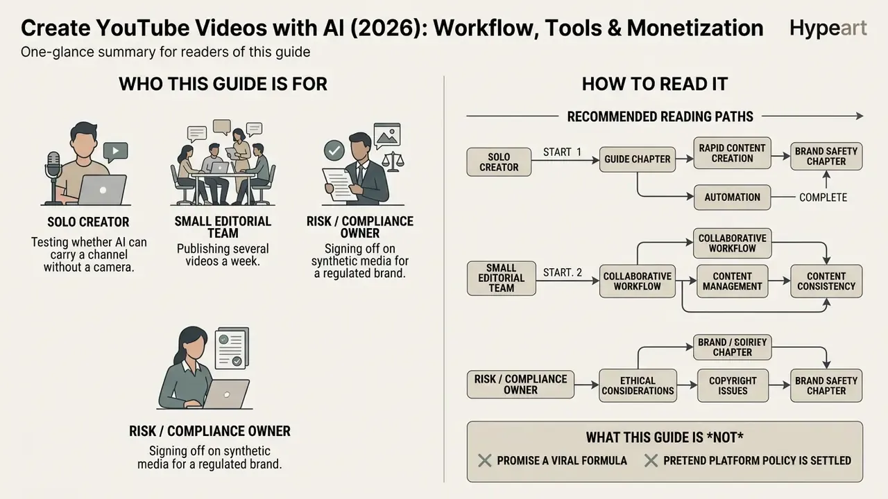 Infographic showing target audiences for creating YouTube videos with AI and their recommended reading paths