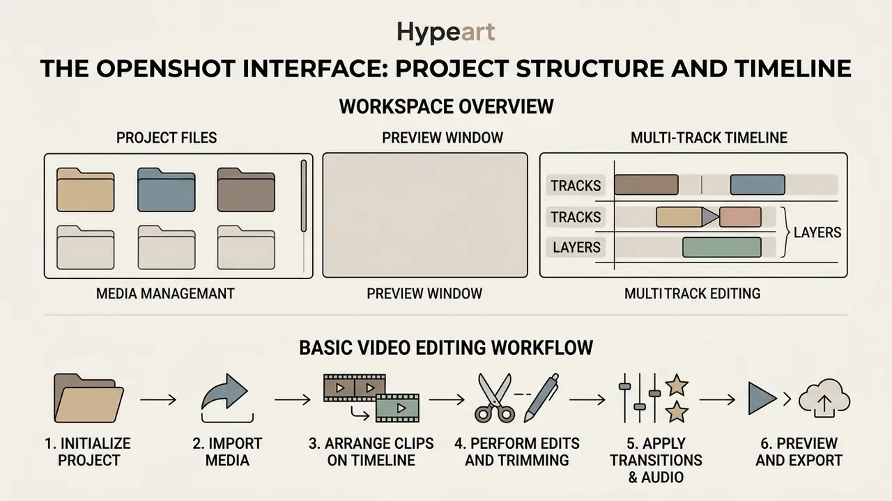 Layout of video editing workspace panels and a six step workflow diagram for media production