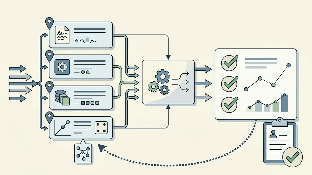 Inputs feeding into a central processing unit that generates validation results and audit reports