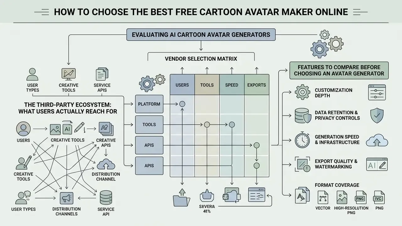 Matrix evaluating AI generator features including user tools, speed, and export quality with ecosystem map