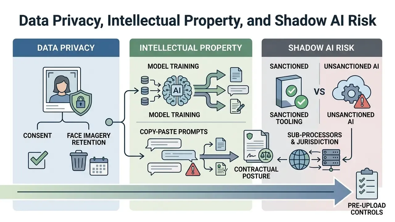 Diagram showing considerations for data privacy, intellectual property, and shadow AI risk management
