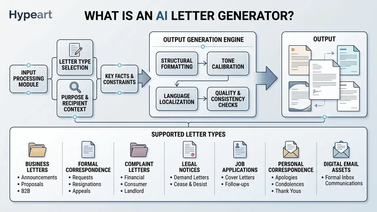 Flowchart detailing the input processing, output generation engine, and supported types of an AI letter generator