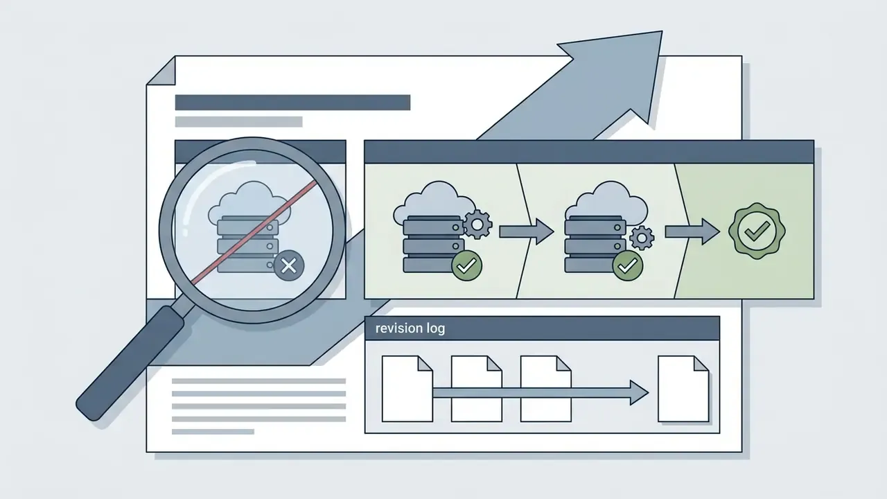 Magnifying glass over a server icon and a process flow leading to a revision log document