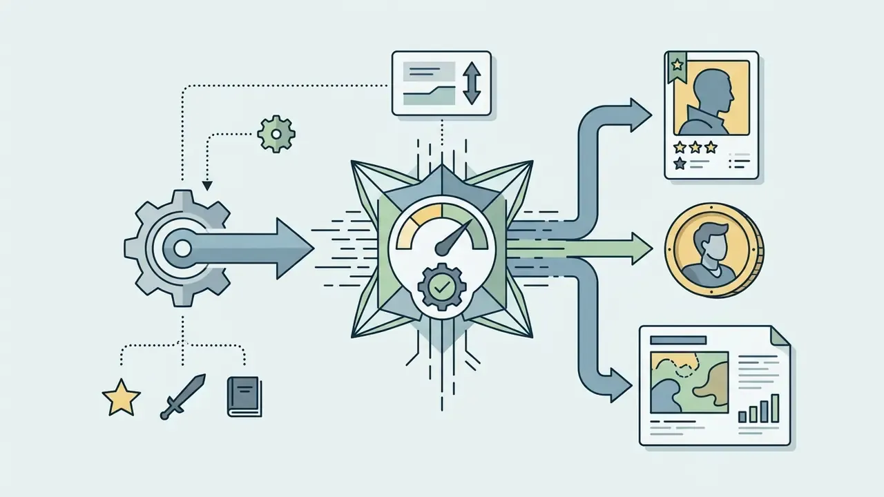System diagram showing input gear and central processing hub branching into character cards and game maps