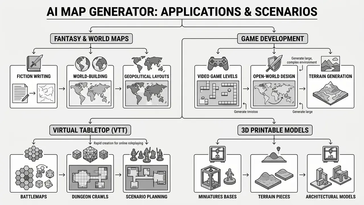 Hierarchical diagram categorizing various use cases for map generation tools across gaming and design